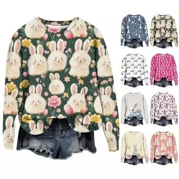 Женская мода Пасха Печатный Длинный рукав Свободный круглый вырез Толстовка Топ Осень L бежевый