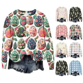 Женская мода Пасха Печатный Длинный рукав Свободный круглый вырез Толстовка Топ Осень XXXXXL бежевый