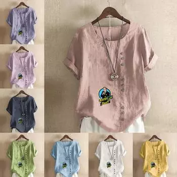 Женская мода People Printed с круглым вырезом и коротким рукавом Футболка Повседневная хлопковая льняная рубашка с рисунком Свободная летняя блузка Топы S розовый