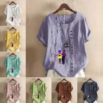 Женская мода People Printed с круглым вырезом и коротким рукавом Футболка Повседневная хлопковая льняная рубашка с рисунком Свободная летняя блузка Топы S розовый