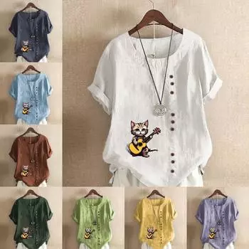 Женская мода Pick Up His Cat Printed футболка с коротким рукавом свободная хлопковая рубашка повседневная свободная летняя блузка топы больших размеров S розовый