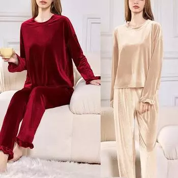 Женская мода пижамы домашняя одежда костюм золотой бархат теплая зимняя пижама домашняя одежда S темно-красного