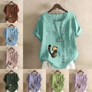 Женская мода Playing Cats Printed футболка с коротким рукавом свободная хлопковая рубашка повседневная свободная летняя блузка топы больших размеров S розовый