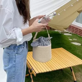 Женская мода плетеные сумки-ведра с ручкой сверху, пляжные соломенные сумки через плечо, богемные летние сумки, повседневные сумки через плечо с бантом