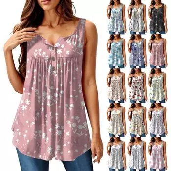 Женская мода плиссированная безрукавка повседневная футболка жилет топ на пуговицах XXL синий