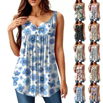 Женская мода плиссированная безрукавка повседневная футболка жилет топ на пуговицах L чёрный