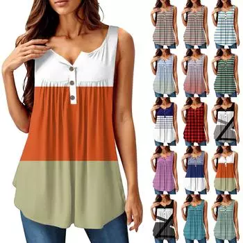 Женская мода плиссированная безрукавка повседневная футболка жилет топ на пуговицах L синий