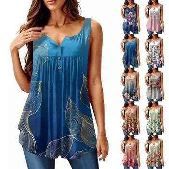 Женская мода плиссированная безрукавка повседневная футболка жилет топ на пуговицах L армия зеленый