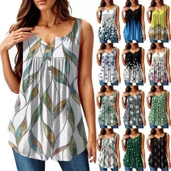 Женская мода плиссированная безрукавка повседневная футболка жилет топ на пуговицах L