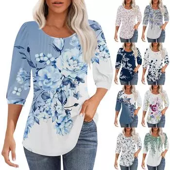 Женская мода плиссированная футболка с круглым вырезом и семью рукавами, повседневный топ с цветочным принтом XL