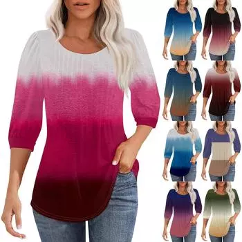 Женская мода плиссированная футболка с круглым вырезом и семью рукавами, повседневный топ с градиентным принтом XXXL хаки