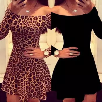 Женская мода плиссированные длинные рукава Тонкие мини-сексуальные платья Сексуальные леопардовые вечерние платья M леопардовый