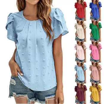 Женская мода плиссированный повседневный однотонный свободный топ с круглым вырезом и рукавами-лепестками M зелёный