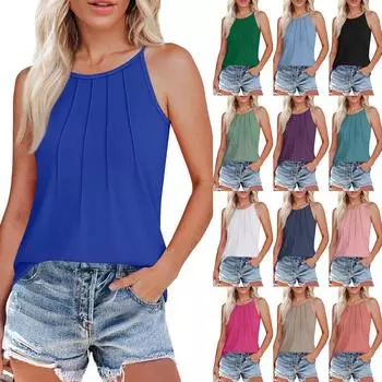 Женская мода плиссированный жилет подтяжки топ L армия зеленый