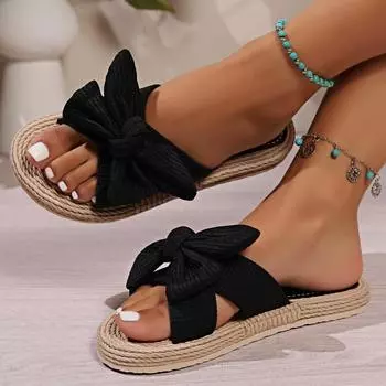 Женская мода плоская обувь льняная подошва бант тапочки для улицы пляжные тапочки в стиле бохо женская ванная комната домашняя обувь для дома 35 чёрный