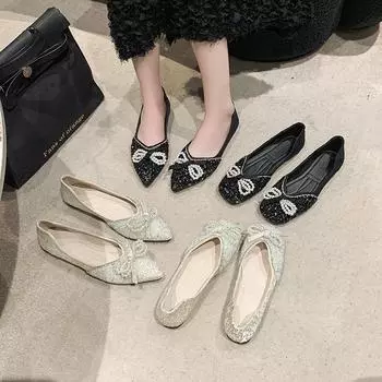 Женская мода плоская одинарная обувь Женские осенние туфли с квадратным носком Плоские мокасины с кристаллами и блеском Мягкая подошва Женская обувь больших размеров 36 чёрный