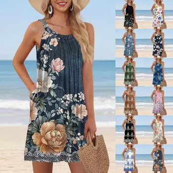 Женская мода пляжный жилет повседневный летний карман лямки ретро, цветочное платье M розовый