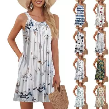 Женская мода пляжный жилет повседневный летний карман лямки ретро, цветочное платье L тёмно-синий