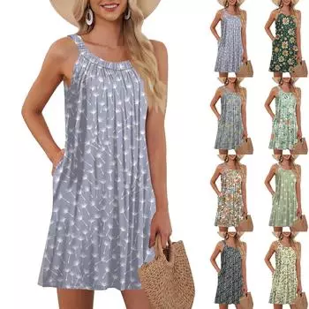 Женская мода пляжный жилет повседневный летний карман лямки ретро, цветочное платье XXL