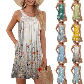 Женская мода пляжный жилет повседневный летний карман лямки ретро, цветочное платье M