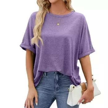 Женская мода плюс размер футболки Летняя повседневная футболка с круглым вырезом и коротким рукавом Пуловер Свободная футболка S чёрный