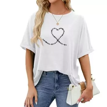 Женская мода плюс размер футболки с принтом Летняя повседневная футболка с круглым вырезом и коротким рукавом Пуловер Свободная футболка S чёрный