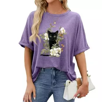 Женская мода плюс размер футболки с принтом Летняя повседневная футболка с круглым вырезом и коротким рукавом Пуловер Свободная футболка S чёрный