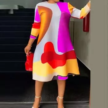 Женская мода плюс размер круглый вырез рукав 3/4 принтованные платья M оранжевый