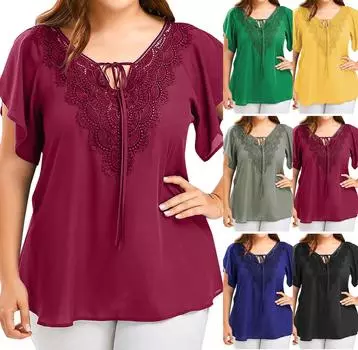 Женская мода плюс размер кружевная футболка блузка летучая мышь топы с короткими рукавами