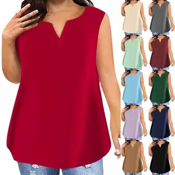 Женская мода плюс размер однотонная футболка без рукавов с v-образным вырезом