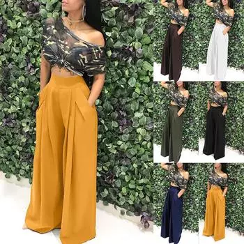 Женская мода плюс размер, однотонные брюки с высокой талией, расклешенные повседневные брюки с широкими карманами и карманами L чёрный