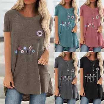 Женская мода плюс размер печати круглый вырез с короткими рукавами длинная футболка блузка