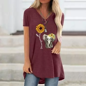 Женская мода плюс размер печати V-образным вырезом с короткими рукавами длинная футболка блузка L