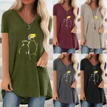 Женская мода плюс размер печати V-образным вырезом с короткими рукавами длинная футболка блузка
