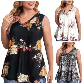 Женская мода плюс размер печатный жилет с v-образным вырезом свободная футболка без рукавов пуловер топы XXL серый