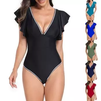 Женская мода плюс размер рюшами кружева глубокий V сексуальный бикини сплошной цвет купальник L