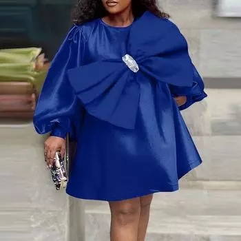 Женская мода плюс размер с круглым вырезом и длинными рукавами с бантом, однотонное свободное короткое платье