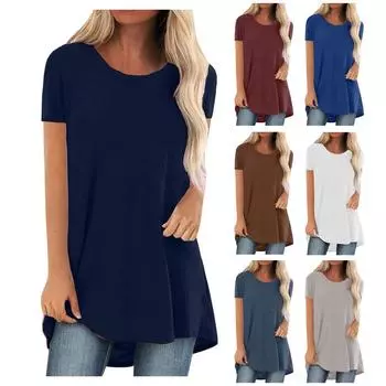 Женская мода плюс размер с круглым вырезом и короткими рукавами, однотонные длинные футболки, топы M