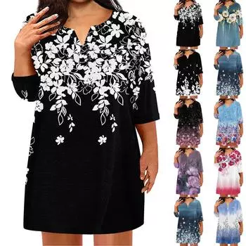Женская мода плюс размер с v-образным вырезом и семью рукавами, повседневные свободные платья с принтом и карманами XXXXXL синий