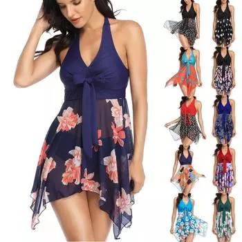 Женская мода плюс размер сетчатая юбка с перекрестной завязкой и разрезом бикини с цветочным принтом, купальник S чёрный