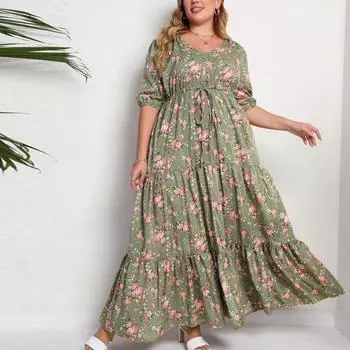 Женская мода плюс размер свободное повседневное платье с коротким рукавом и принтом XL армия зеленый