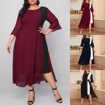 Женская мода плюс размер юбка шифоновое платье с цветной талией XL чёрный