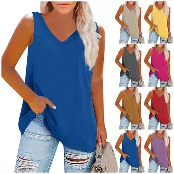 Женская мода плюс размер V-образный вырез однотонная повседневная футболка без рукавов майка топ XXXL синий