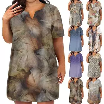 Женская мода плюс размер V-образным вырезом с коротким рукавом повседневное свободное платье с принтом и карманами XXL