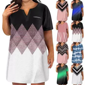 Женская мода плюс размер V-образным вырезом с коротким рукавом повседневное свободное платье с принтом и карманами XL чёрный