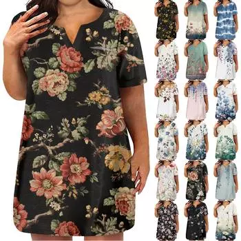 Женская мода плюс размер V-образным вырезом с коротким рукавом повседневное свободное платье с принтом и карманами XXXXL синий