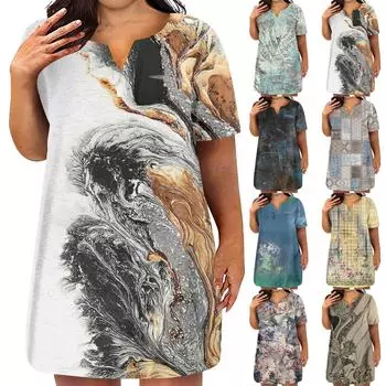 Женская мода плюс размер V-образным вырезом с коротким рукавом повседневное свободное платье с принтом и карманами XXXL чёрный