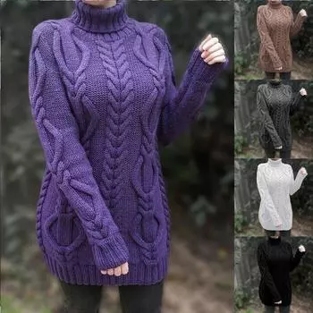 Женская мода плюс размер вязаные джемперы свитер водолазка теплый пуловер свитер L серый