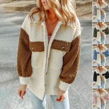 Женская мода плюшевые пуговицы с длинным рукавом теплый свитер топы пальто зимние пальто с карманами M