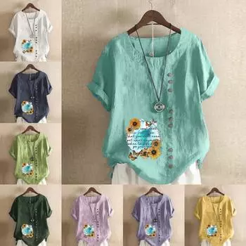 Женская мода Подсолнух Бабочка Письмо Принтованная футболка с коротким рукавом Свободная хлопковая рубашка Повседневная свободная летняя блузка Топы размера плюс S фиолетовый